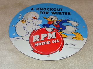 Vintage Rpm Oil " Donald Duck " 11 3/4 " Porcelain Metal Walt Disney Gasoline Sign