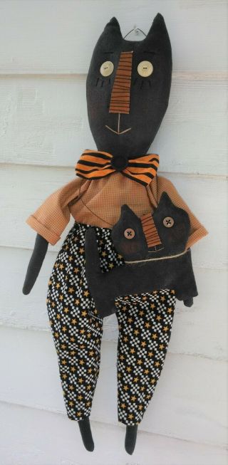 Primitive Halloween Black Cat Doll/handmade W/small Cat Ornie
