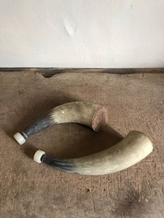 2 Old Large Powder Horns Frontier Hunting Cabin Aafa Patina
