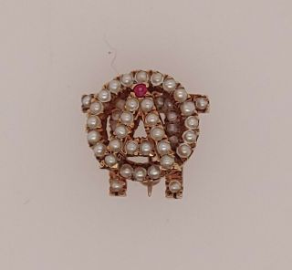 Pi Omicron Alpha 10k Yellow Gold Seed Pearl & Ruby Sorority/fraternity Pin/badge