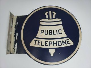 Vintage Metal 2 Sided Bell Public Telephone Sign With Flange,  Authentic