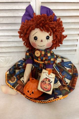 Primitive Halloween Raggedy Ann Doll " Pumpkin Hollow Annie " With Jol Ornie Fall