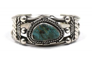 Vintage Old Pawn Southwestern Turquoise Cuff Bracelet Engraved Sterling Silver
