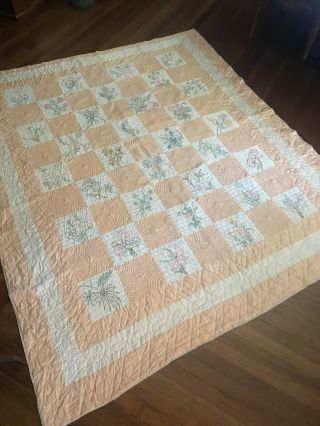 Vintage Hand Stitched Embroidered Patchwork Cotton Quilt 86 " X 74 "