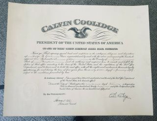 Signed by Calvin Coolidge 1927 Framed Postmaster Appointment Elkton MD Cecil Co. 2