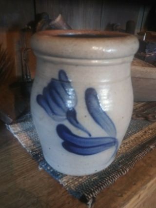 Primitive Rowe Pottery Blue Grey Decorated Stoneware Crock 1987