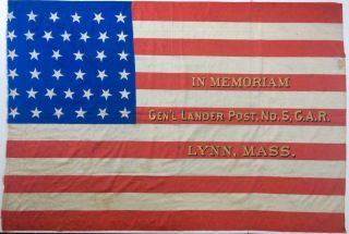 C1877 Silk 38 Star Us American Flag,  General Lander Civil War Gar Post,  Lynn Ma