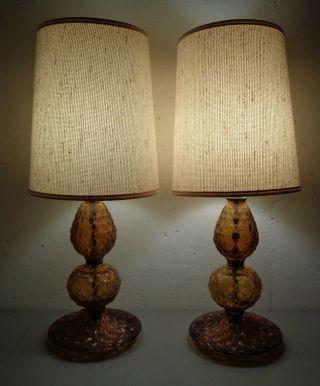 2 Vtg Mid Century Modern Amber Glass Bedroom Vanity Table Lamps W/ Shades Pair