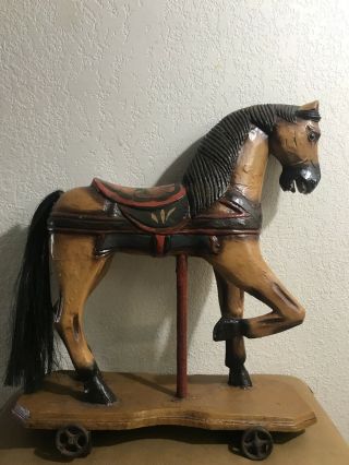 Vintage Wooden Carved Carousel Horse Real Horse Hair Tail Cast Iron Wheels