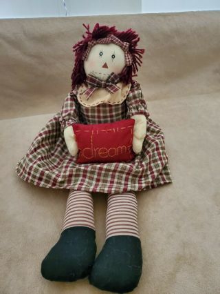 Primitive Country Folk Art Raggedy Ann Doll With Dream Pillow 19 "