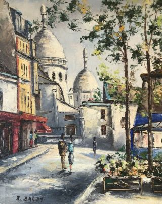 Vintage Oil Painting Paris France Street Scene Montmartre Basilica Sacred Heart