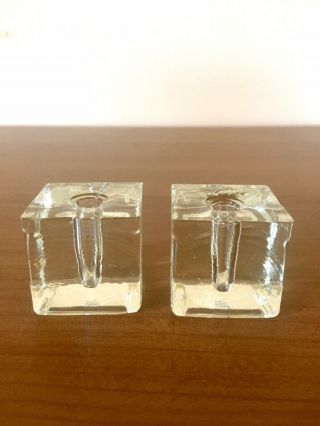Set Of 2 Ice Cube Solid Glass Candle Holders 1 1/2” Small
