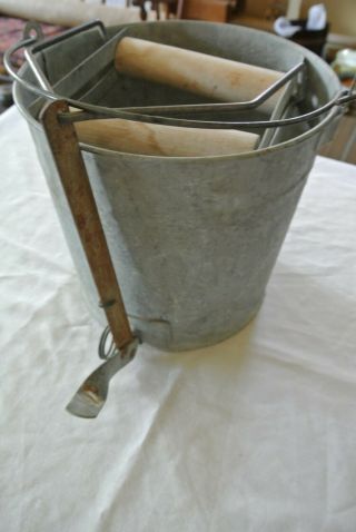 Vintage Galvanized 12 Mop Bucket W/ Wooden Rollers & Foot Pedal Antique
