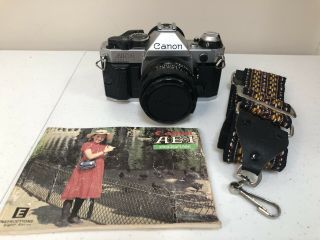 Canon Ae - 1 Program 35mm Slr Film Camera With 50mm Lens W/book & Vintage Strap