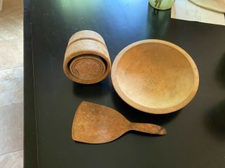 Antique Primitive Butter Mold,  Bowl And Paddle Set