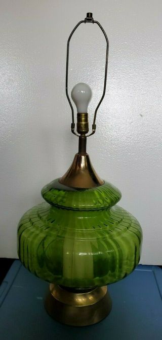 Vintage Mid Century Large Brass Green Glass Table Lamp Light 3 - Way