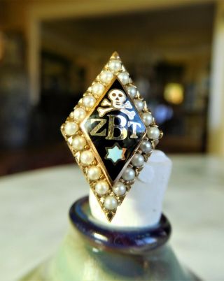 Zeta Beta Tau Fraternity Pin 10k Gold Enamel Seed Pearls Skull F & M Alpha Tau