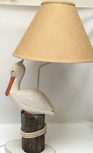 Carved Wood White Pelican On Piling Table Lamp 30” Coastal Nautical Decor