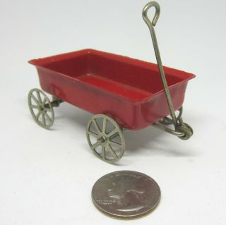 Vintage Miniature Red & Brass Metal Wagon Doll House Playground Toy Decorative