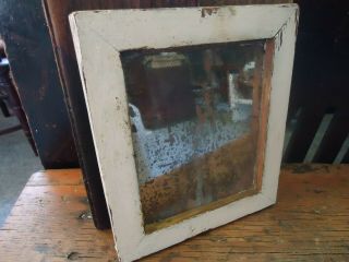Old Primitive Antique Small Hanging Mirror With Early Chippy White Painted Frame
