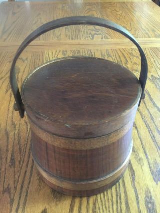 Small 6.  5 " Vintage Primitive Wooden Firkin Sugar Bucket W/ Handle & Lid