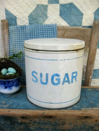Antique Tin Sugar Canister Blue And White