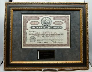 Authentic Colts Manufacturing Company Stock Certificate 100 Shares Framed