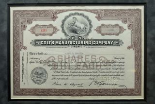 Authentic COLTS MANUFACTURING COMPANY Stock Certificate 100 Shares FRAMED 2