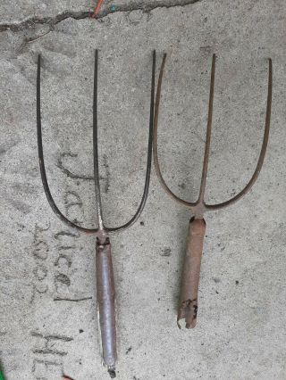 2 Vintage 3 Tine Pitch Fork Heads - Primitive Farm Hay Tools Crafts