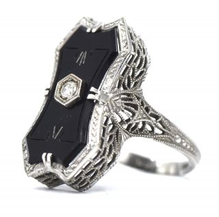 Antique Art Deco Diamond Engraved Onyx Ring Fancy Filigree 18k White Gold 6.  75