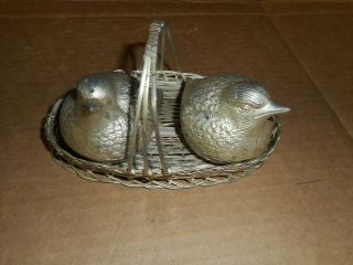 Vintage Metallic Set Of 2 Quail/chick/bird Salt And Pepper Shakers In Basket