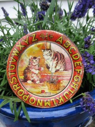 Small Antique Tin Abc Alphabet Plate Kittens With Sewing Basket