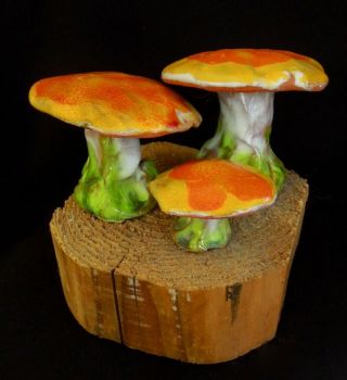 Vintage Kitsch Folk Art Mushroom Cluster Clay & Wood/real Trunk Slice 5 1/2 " Dia