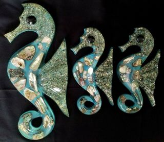 Set Of 3 Vintage Retro Turquoise Acrylic Lucite Abalone Shell Seahorse Wall Art