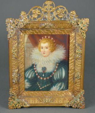 Fine Antique French Miniature Portrait Paining Of Queen Elizabeth Of England