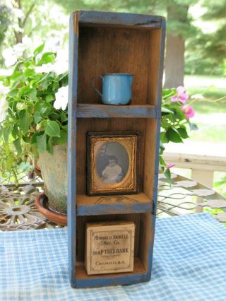 Small Antique Wood Cubby Box Shelf Cupboard Blue Paint