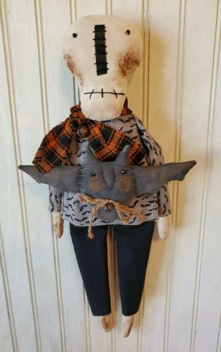 Primitive Grungy Grubby Skeleton Halloween Doll & His Bat