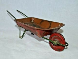 Early Primitive Small Metal Wheelbarrow Toy Old Red Paint 8 " Long Folk Art