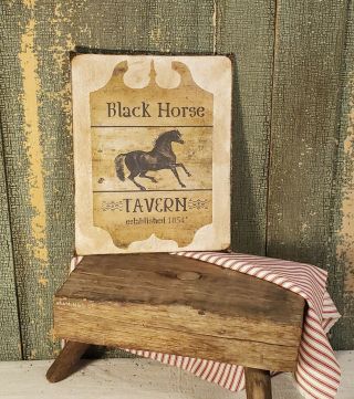 Primitive Antique Vintage Black Horse Tavern Print Art Sign Canvas 8 X 10