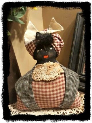 Primitive `handmade ` Black Mommy Stump Doll` `old Doily Collar `americana