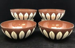 Set Of 4 Vtg 5.  5 " Cathrineholm Norway Brown & White Lotus Enamel Bowls