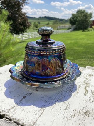 Vintage Northwood Carnival Glass Blue Peacock At The Fountain Butter Dish