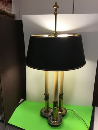 Vintage Brass Stiffel Bouillotte Triple Candlestick Table/desk Lamp With Shade