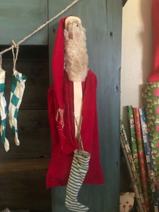 Primitive Folk Art Santa Doll In Red Door Hanger Grungy 22 In Long Skinny