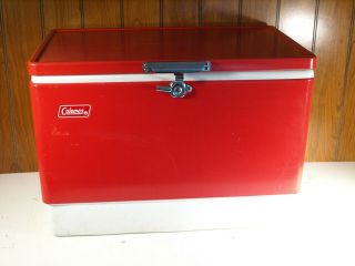 Vintage 1977 Red Metal Coleman Cooler With Tray