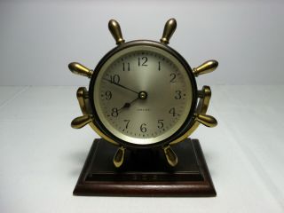 Vintage Chelsea Ships Wheel Desk Clock Maritime Nautical Bronze Brass Wood Runs