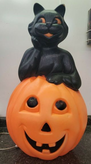 Vintage Halloween Blow Mold Black Cat On Pumpkin 1993 Carolina Enterprises Ja
