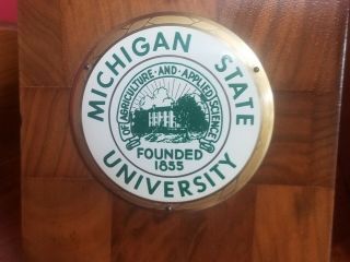 VINTAGE 1950 ' s MICHIGAN STATE UNIVERSITY WOOD BOOKENDS w/ Enamelled Seal 3