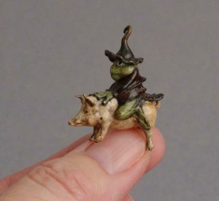 Tiny Vintage Cold Painted Bronze Miniature Frog/toad Riding Pig Wizard/witch