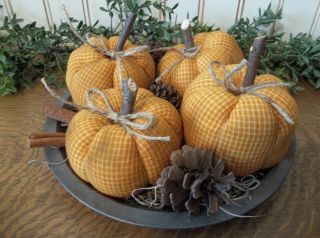 Early Fall Offering - Gathering Of Primitive Handmade Pumpkins In Vintage Pie Tin